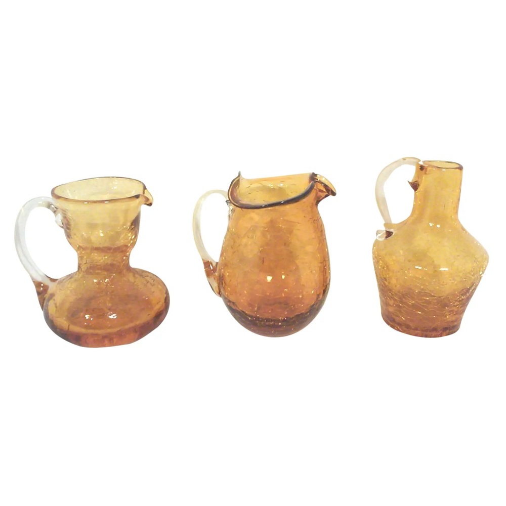 Set of Three Vintage Blenko Miniature Amber Crackle Glass Vase Pitchers